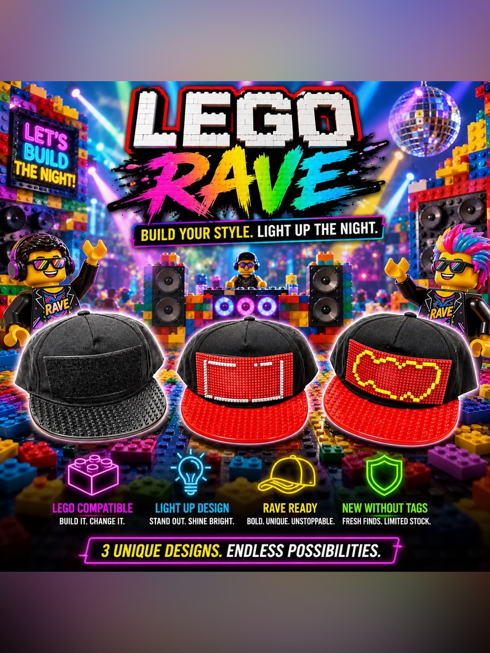 NWOT Lego Rave Snapback Hat - Black & Red Pixel Panels 3 Designs to choose from